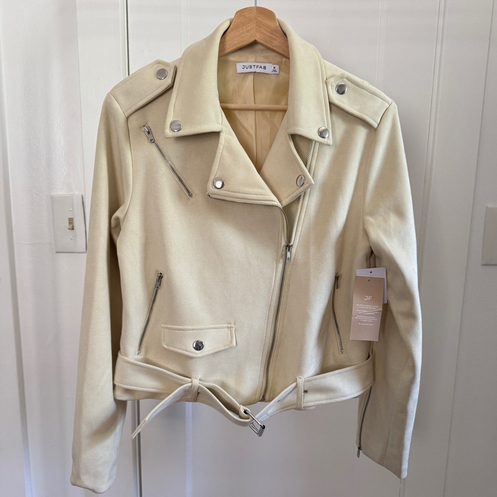 Bone Cream Faux Suede Leather Moto Jacket NWT